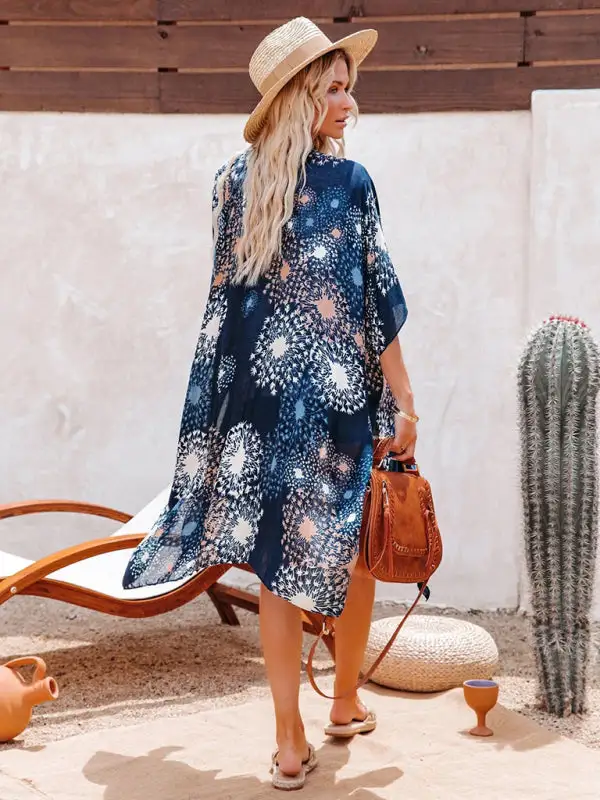 Mid Length Slit Chiffon Printed Sunscreen Swimsuit