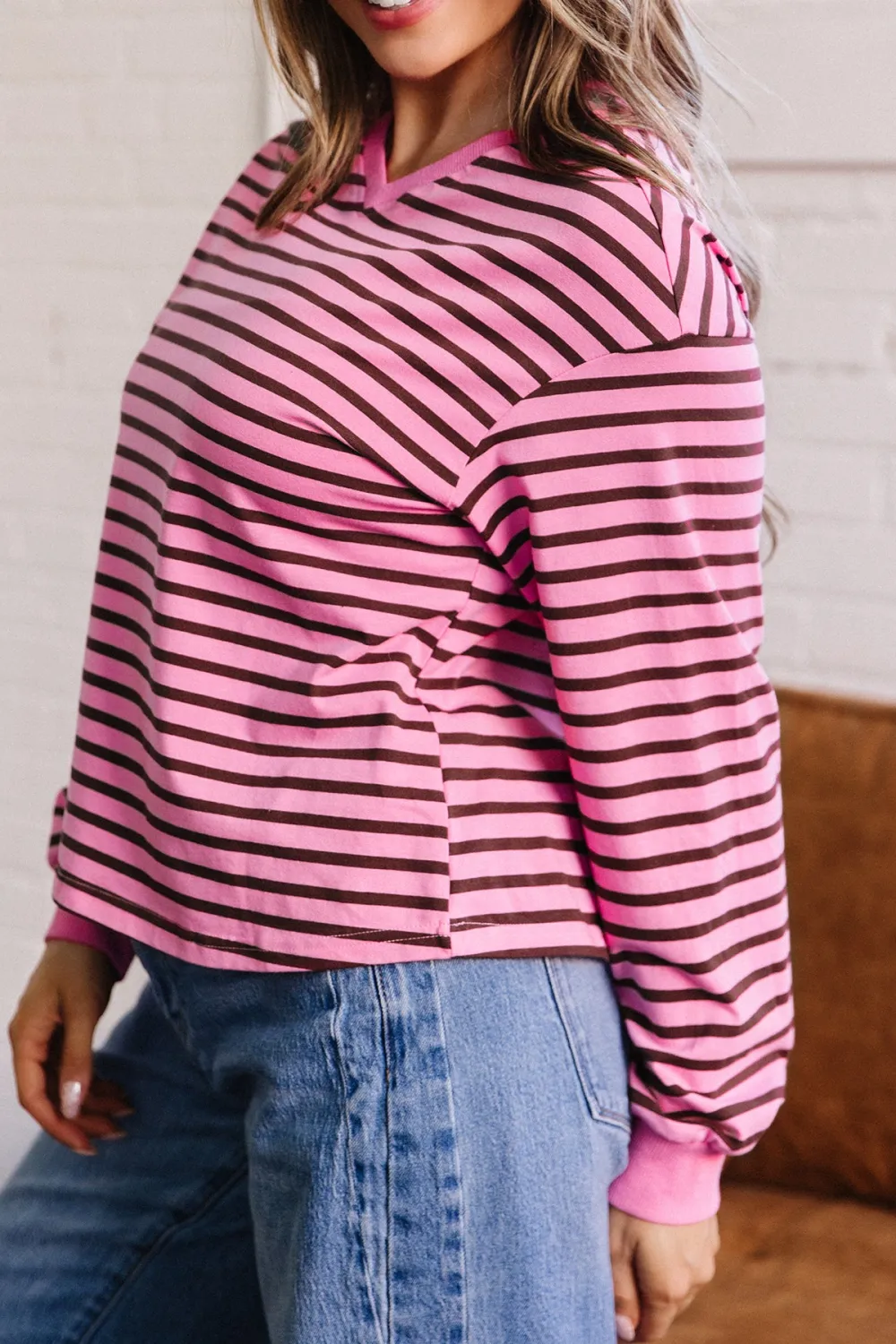 Refined Striped V Neck Relaxed Cotton Blend Long Sleeve Top