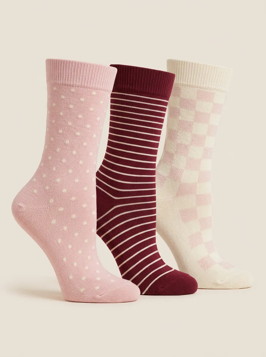 Patterned Polka Dot Striped Checkered Three Pair Sock Set