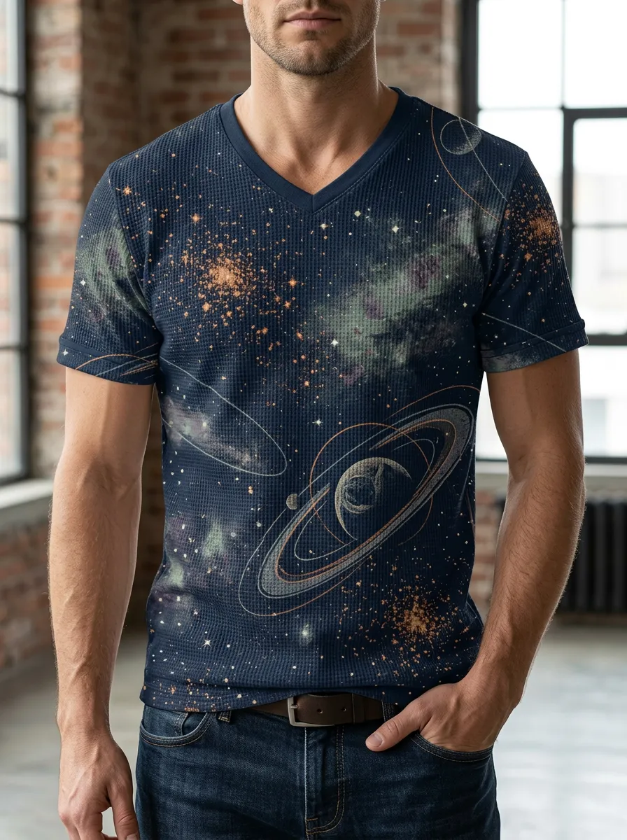 Men's Space Astronomy Planet Galaxy Printed V-neck T-shirt