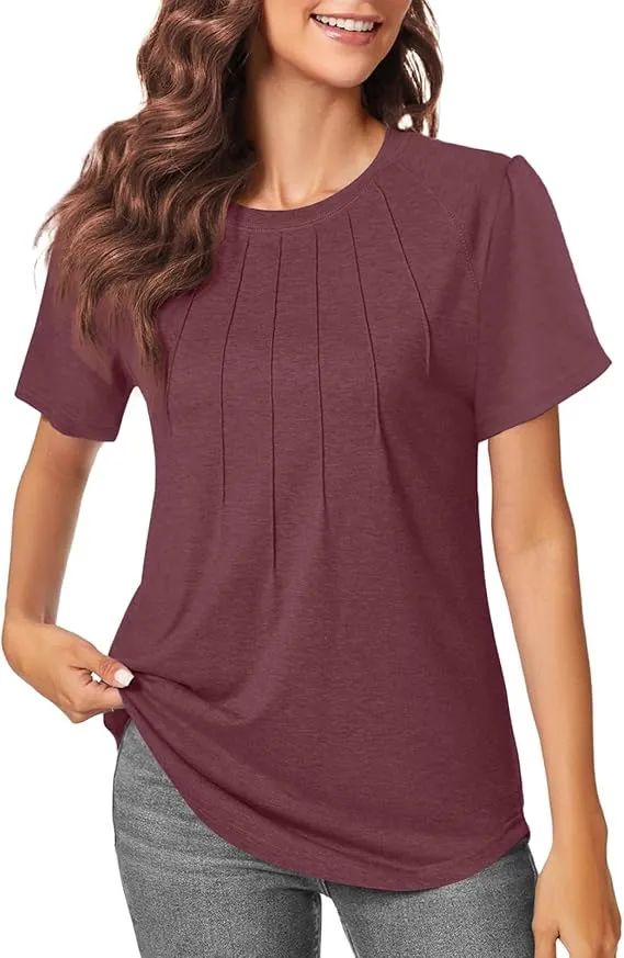 5PACK-Casual Short Puff Sleeve Pleated Shirts Casual Blouses