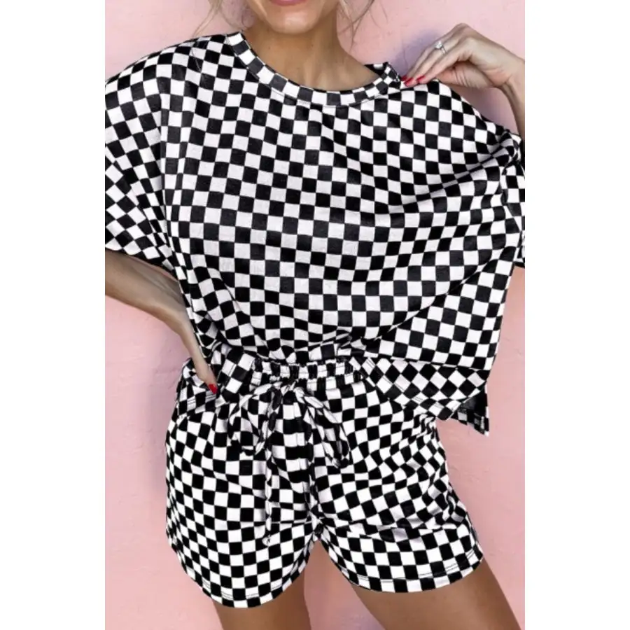 Checkered Round Neck Top and Shorts Set