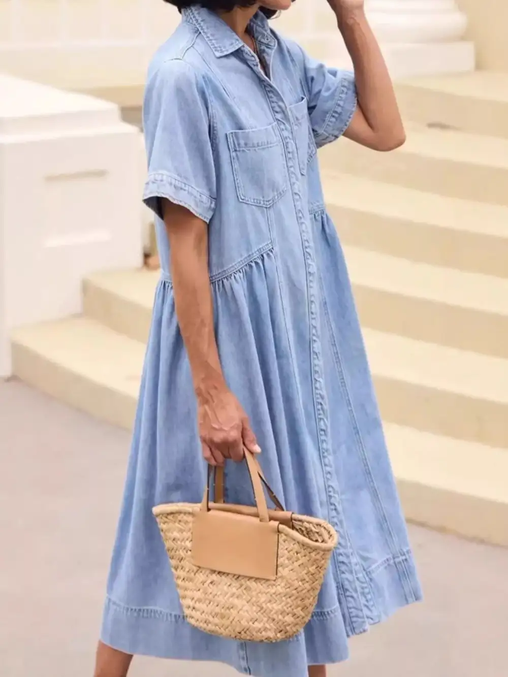 Denim Button Front Midi Dress