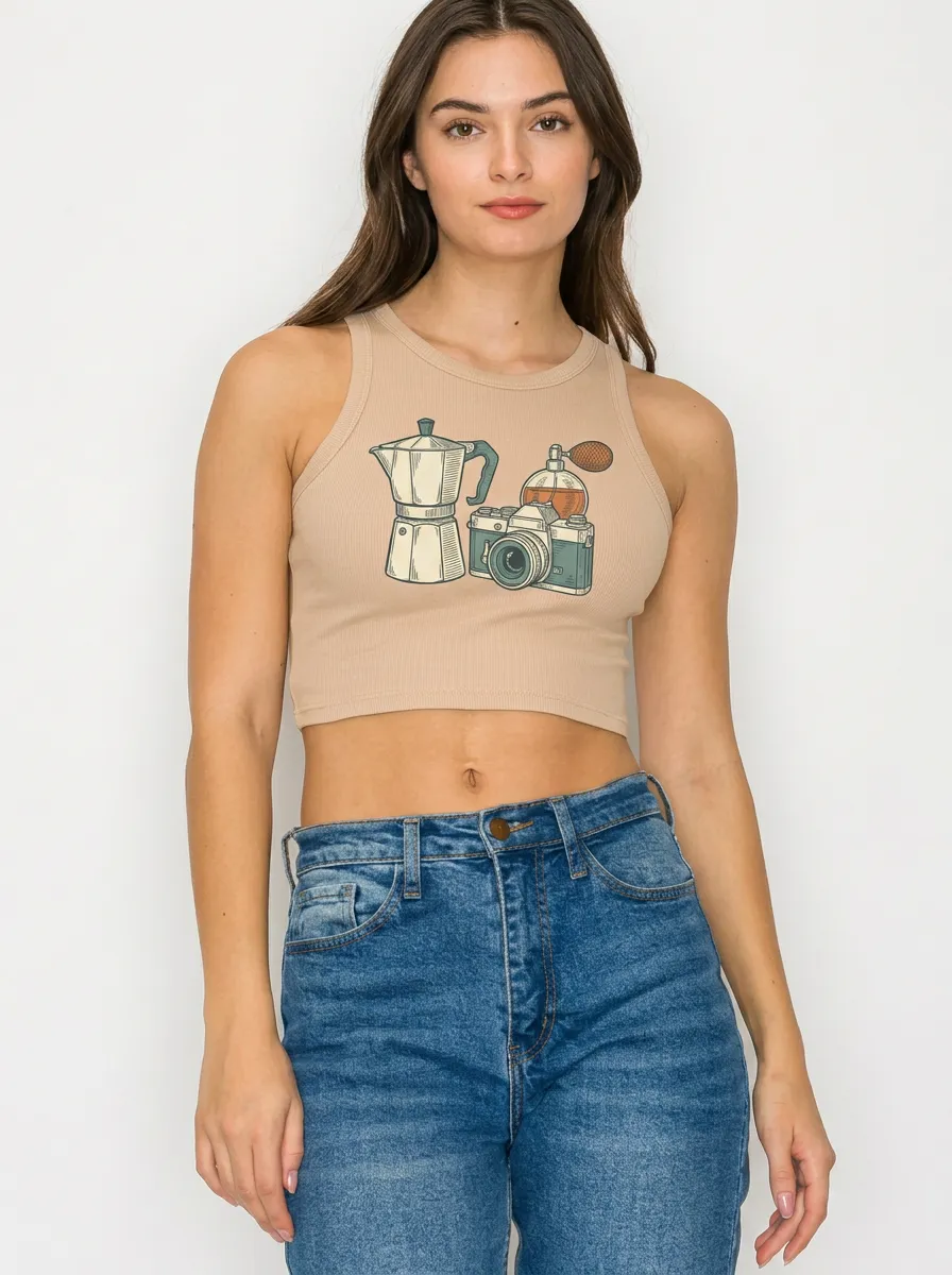 Women's Coffee Camera Perfume Aesthetic Printed Crop Top