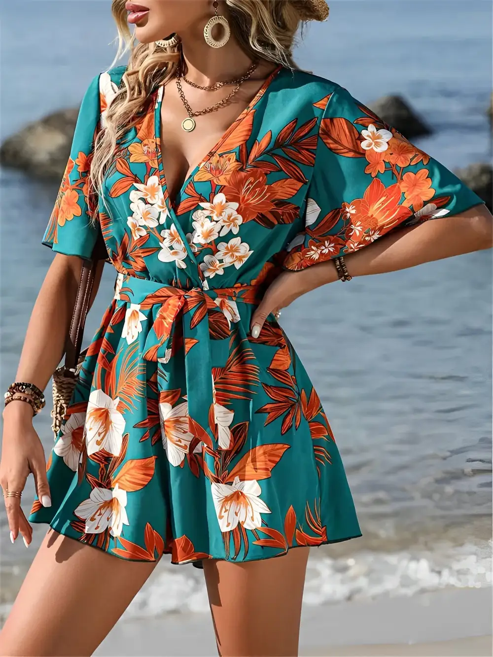Floral Short-Sleeve V-Neck Tie-Waist Beach Romper