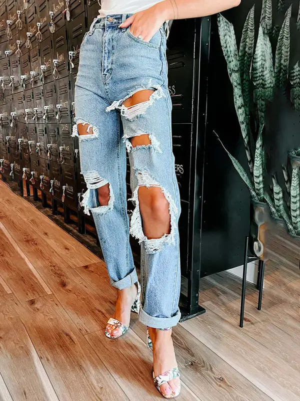 Straight High Waist Slimming Ripped Denim Jeans
