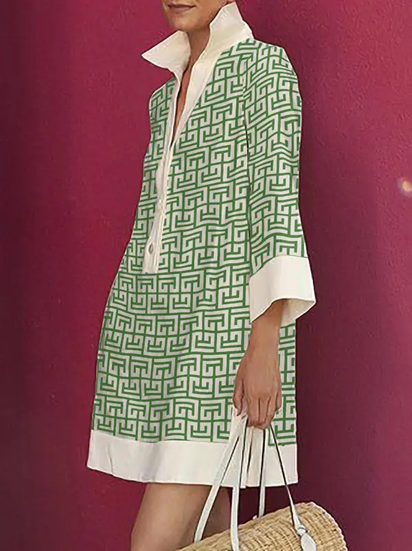 Long Sleeve Three Quarter Sleeve Buttoned Printed Lapel Mini Dress Shirt