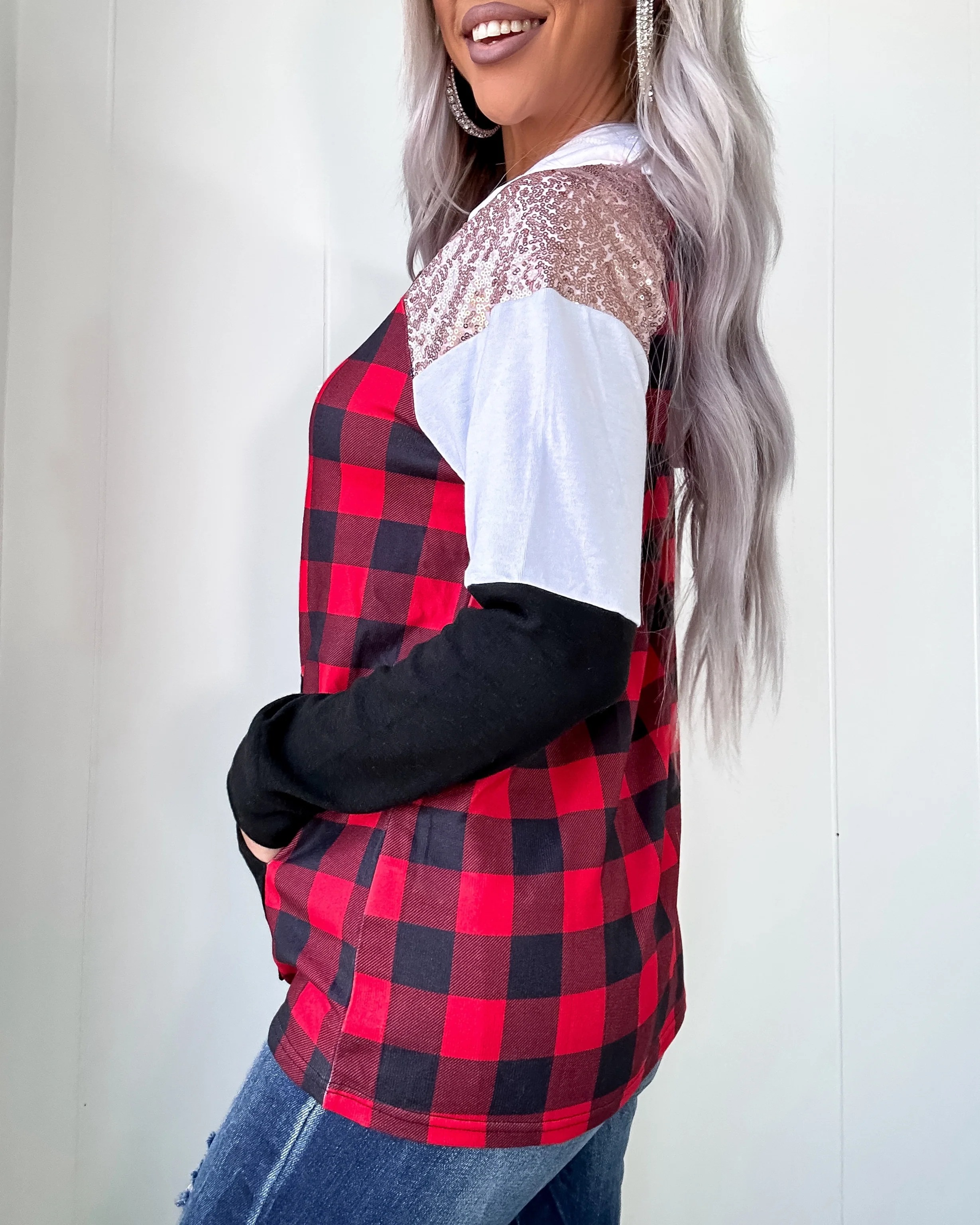 DOORBUSTER Red Plaid Sequin Hoodie