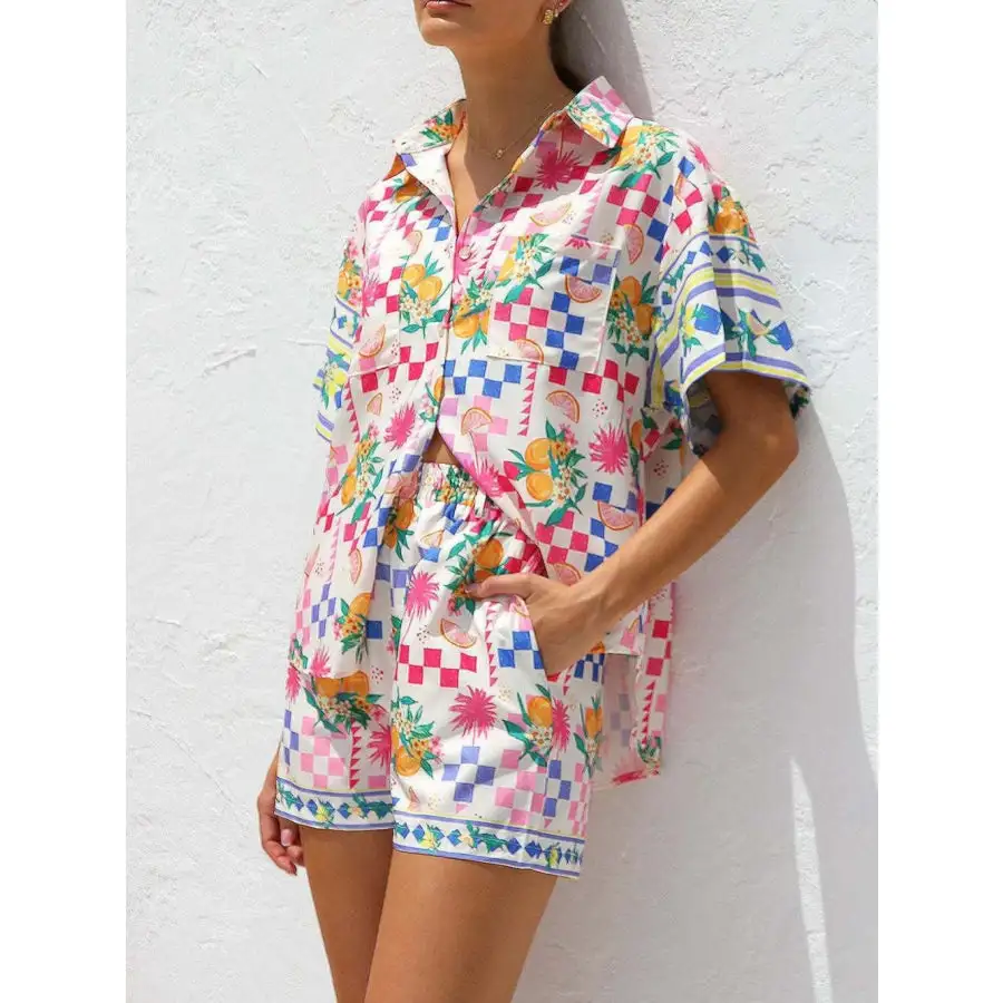 Printed Button Down Short Sleeve Top and Shorts Set