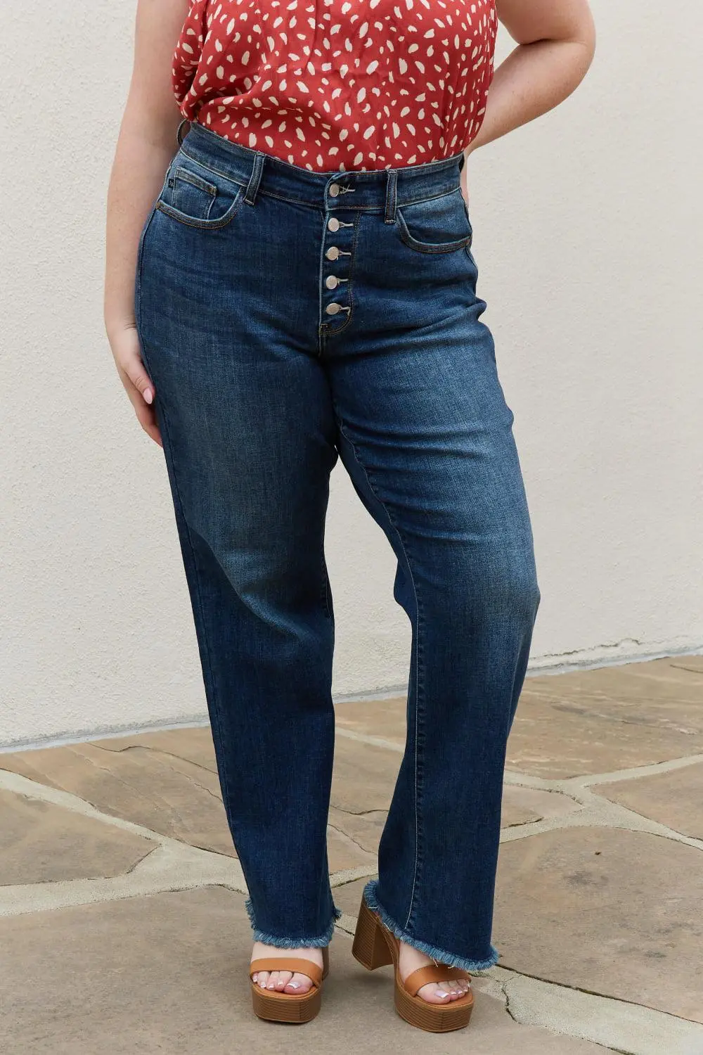 Smooth High Waist Wide Leg Button Denim Jeans