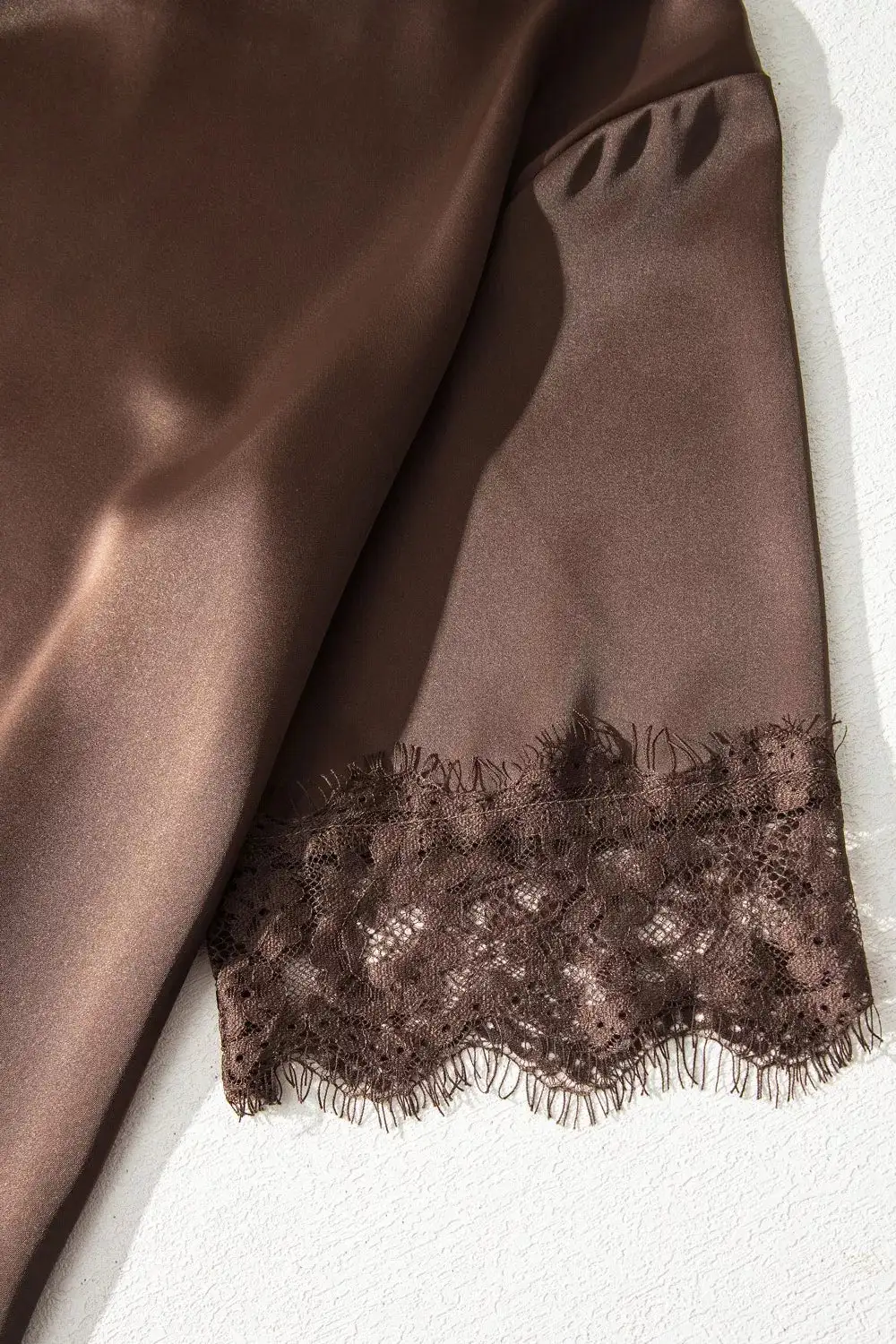 Asymmetric Lace Trim Short Sleeve Satin Top