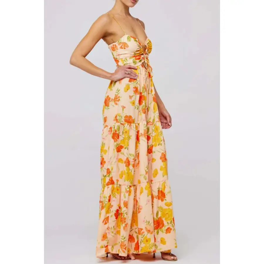 Floral Print Tie Front Tiered Maxi Dress