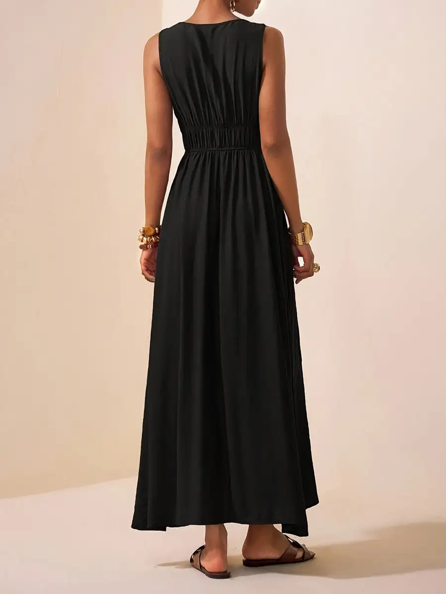 Spaghetti Pleated Neck Maxi Dress