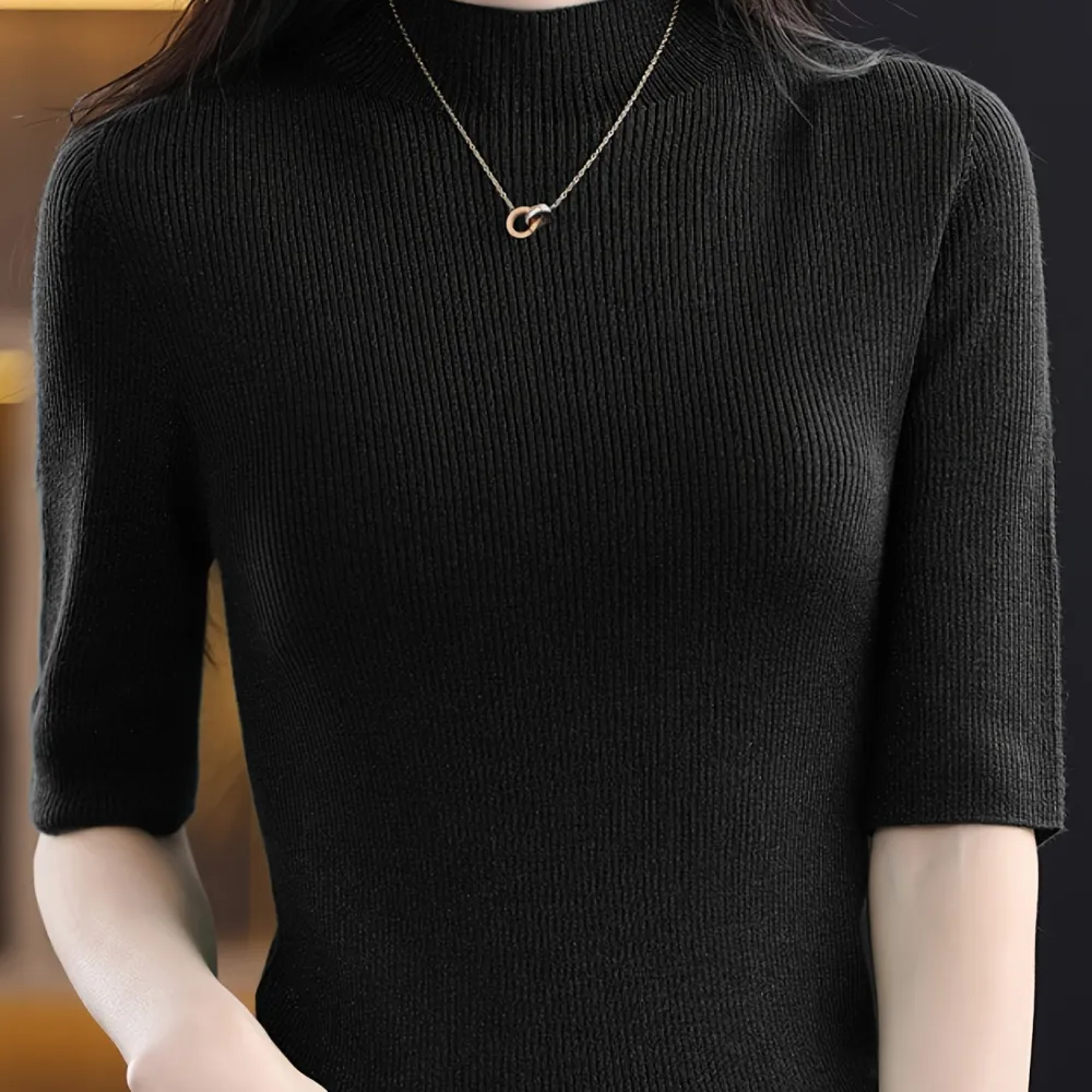 Mock Neck Knitted Top Casual Short Sleeve