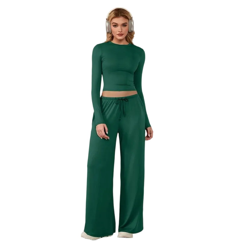 Women's 2-Piece Activewear Set Long-Sleeve Crop Top & Wide-Leg Pants Stretchy Fabric for Yoga