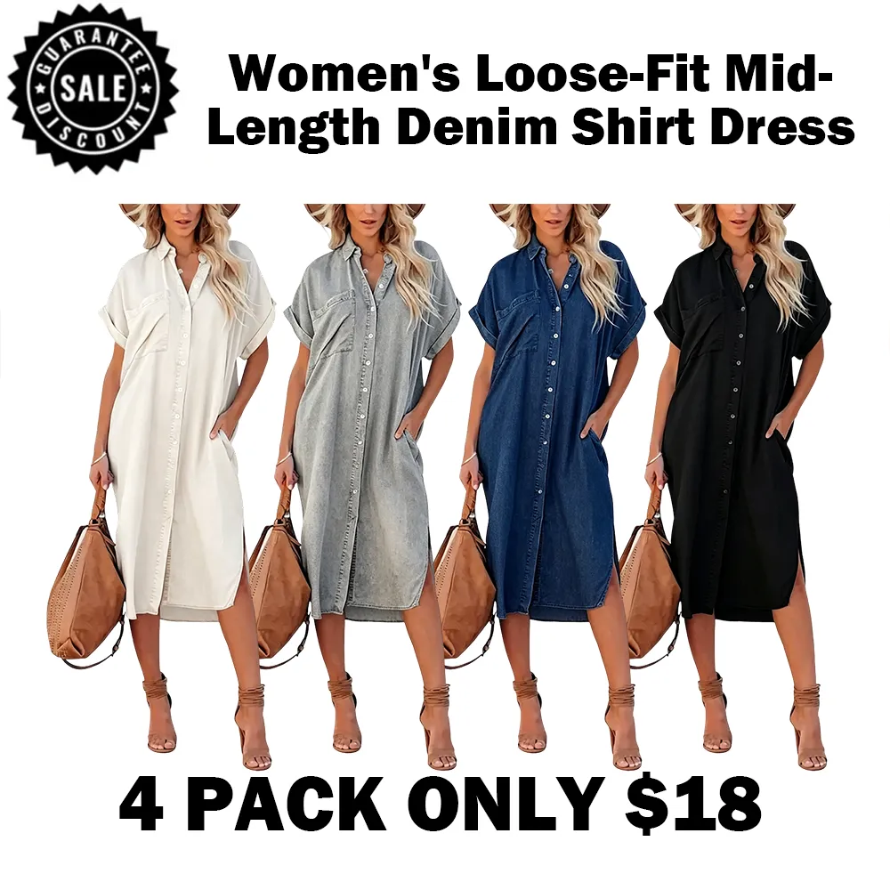 ⏰Hot Sale-Women's Loose-Fit Mid-Length Denim Shirt Dress🔥8-Pack - All Colors Included