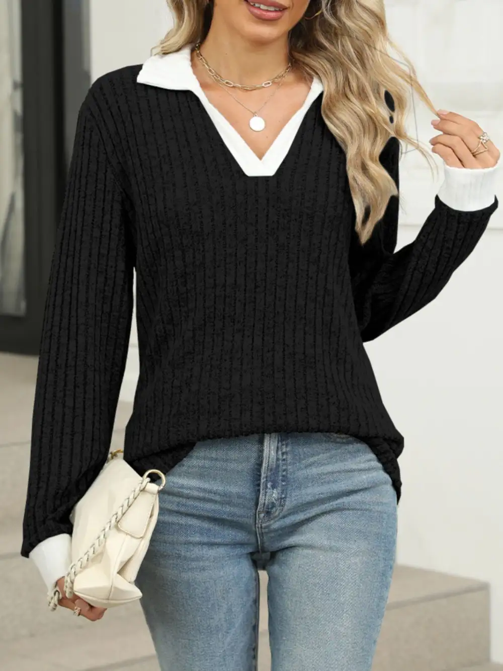 Modern Ribbed Knit Long Sleeve T-Shirt