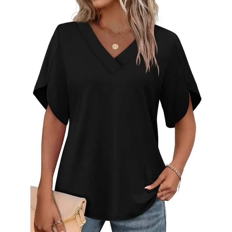 Women's Summer Short Petal Sleeve Blouse, V‑Neck Casual Top