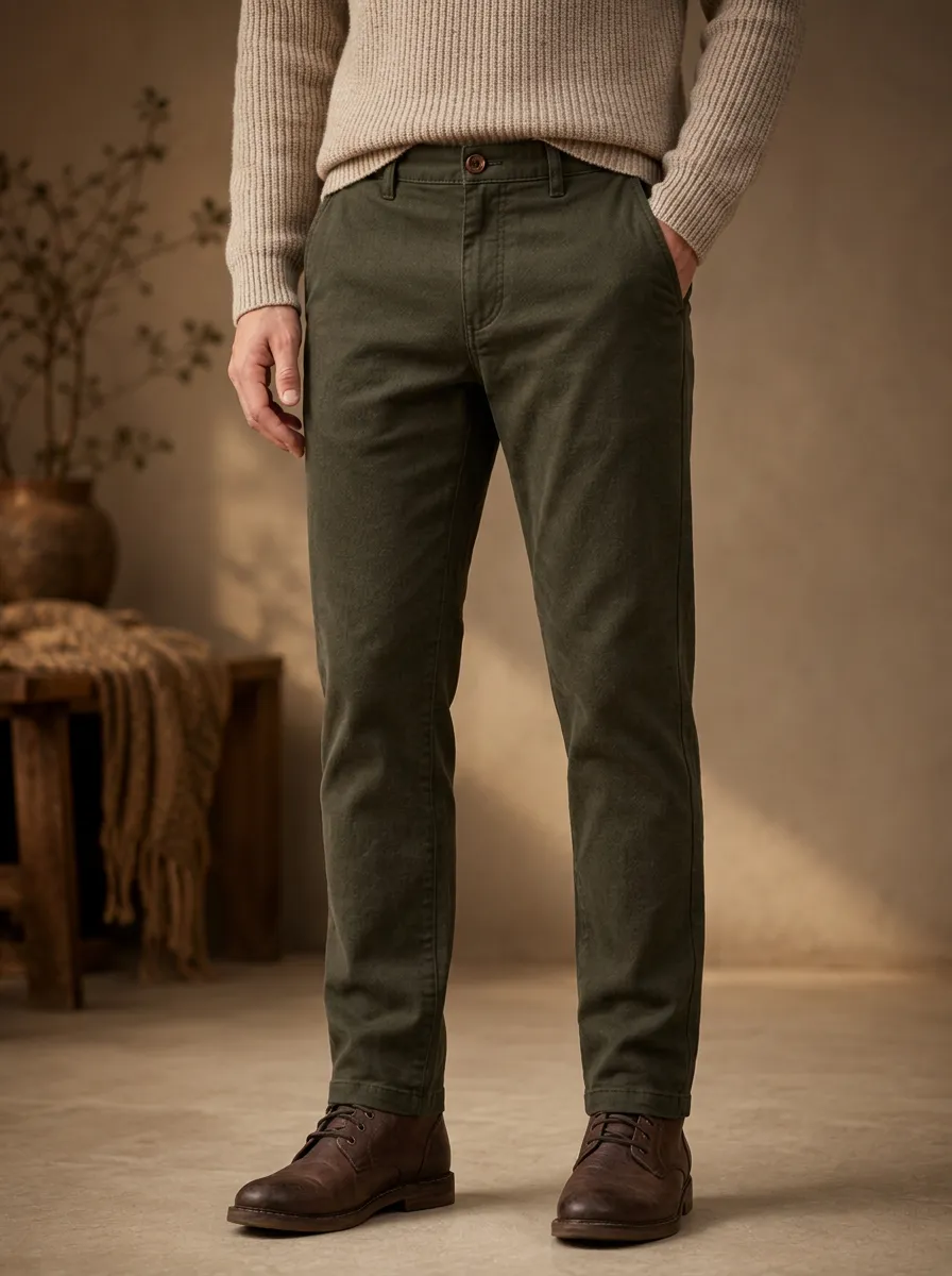 Men's Chino Slim Fit Button Fly Pants for Autumn Winter