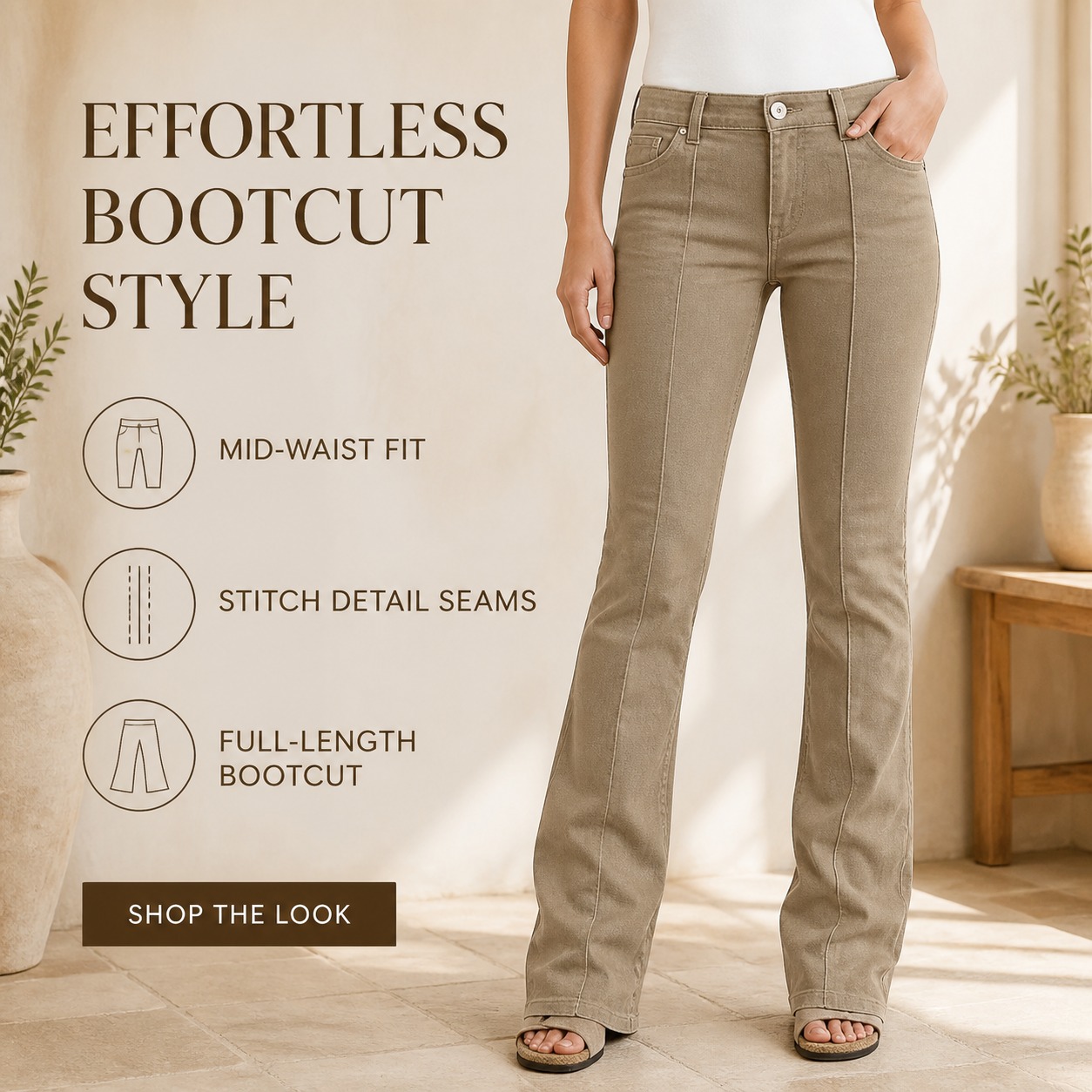 Stitch detail mid waist bootcut pants style overview