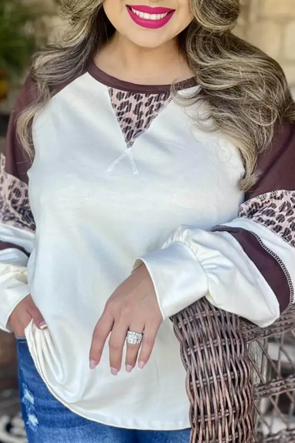 Leopard Print Round Neck Relaxed Cotton Blend Long Sleeve Top