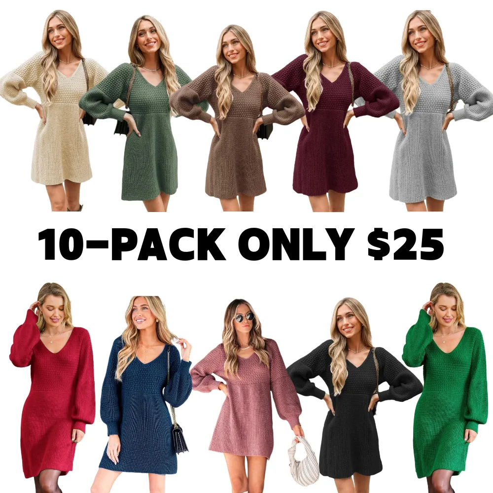 Women's Casual Sweater Dress for Christmas VNeck Honeycomb Long Sleeve Textured Knit Pullover Dresses Womenswear Fall Dress Early Autumn