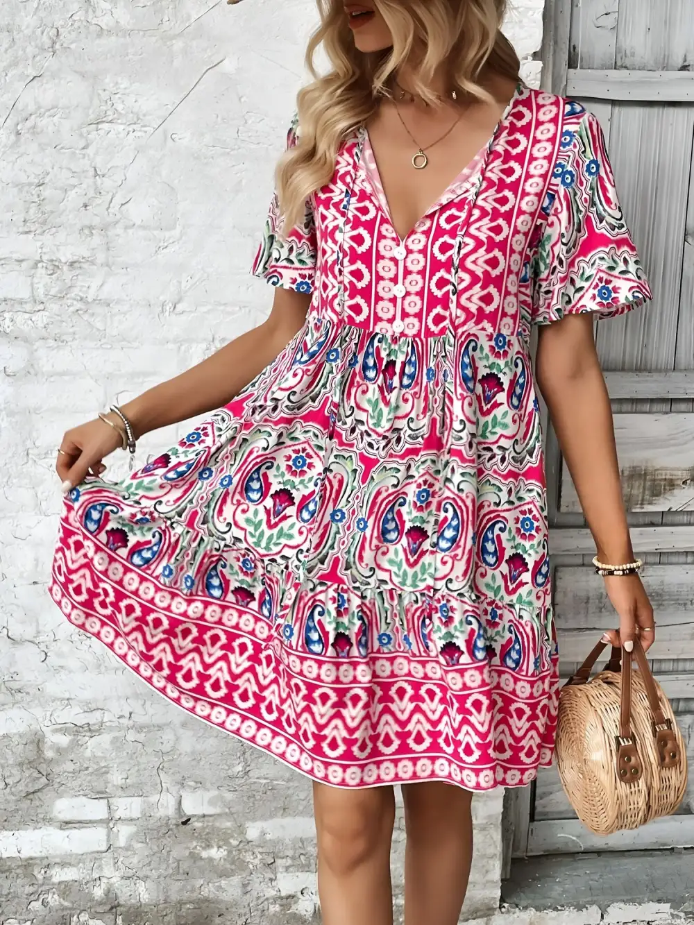 Boho-Print V-Neck Loose Fitting Mini Dress