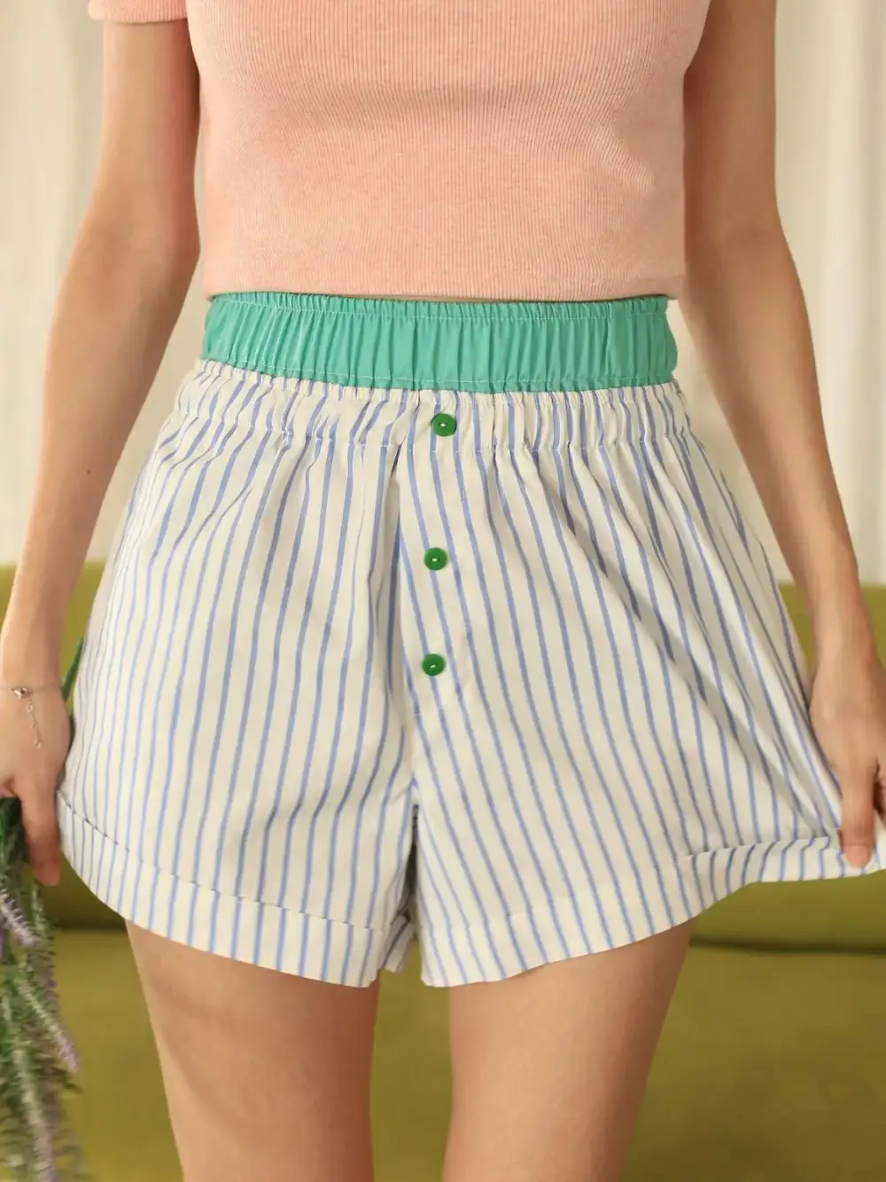 Textured Striped Elastic Waist Shorts