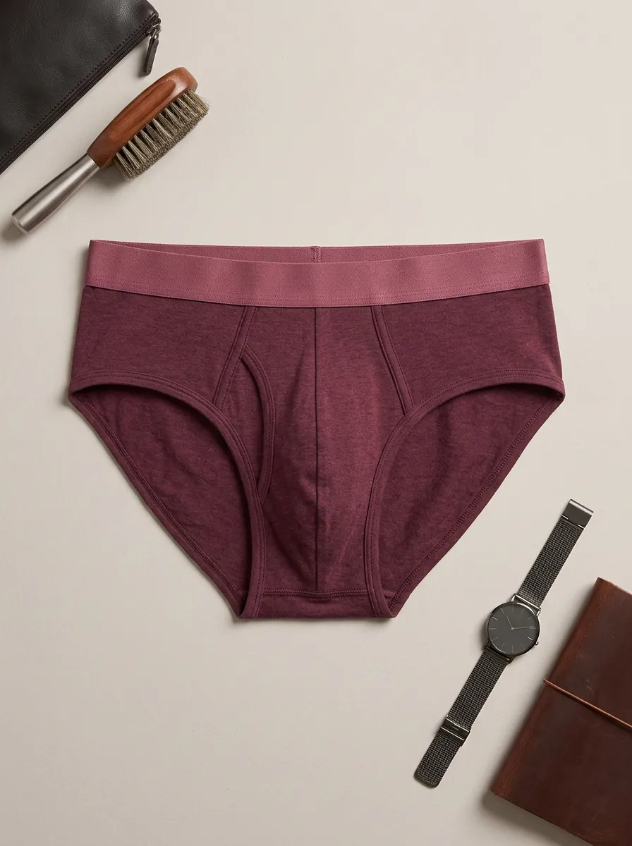 Men's Burgundy Solid Color Minimalist Printed Briefs