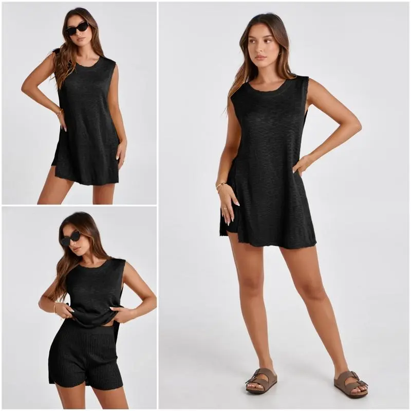 Women's  2 Piece Outfits Summer Knit Sweater Set Sleeveless  Tunic  Top Matching Shorts Trendy Beach Vacation Sets
