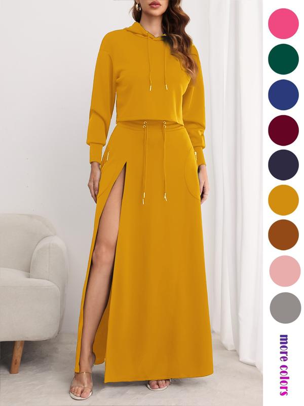 Women'S Solid Drawstring Hoodie & Split Thigh Skirt Set, Long Sleeve Top & Pocket Long Skirt, Casual Fashion Cozy Co-Ord Set, Women Clothes