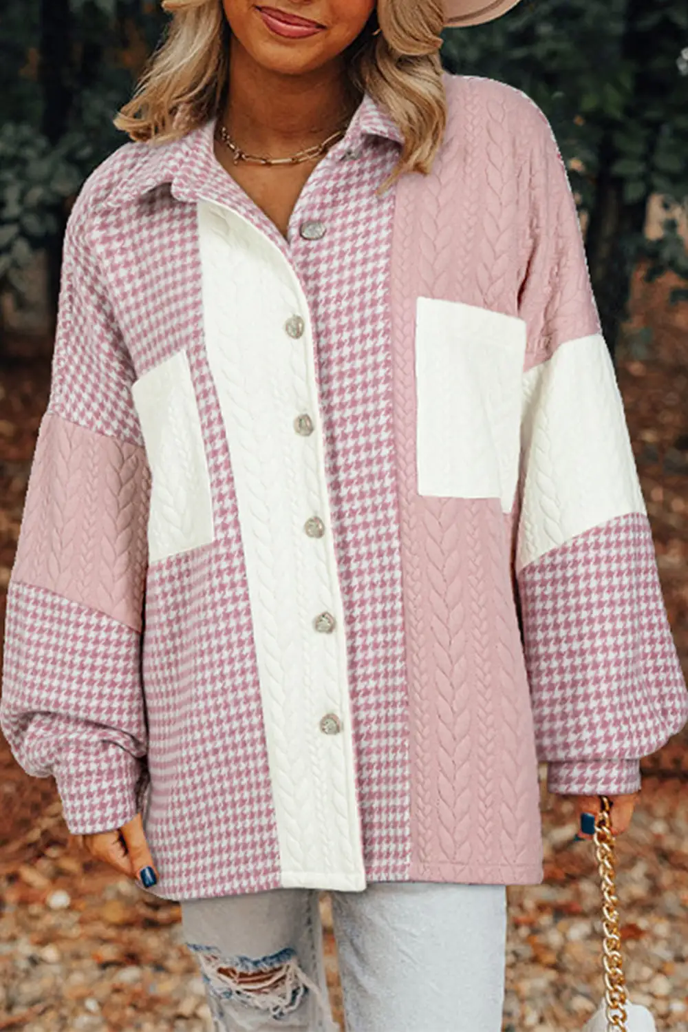 Houndstooth Contrast Textured Patchwork Loose Shirt Jacket