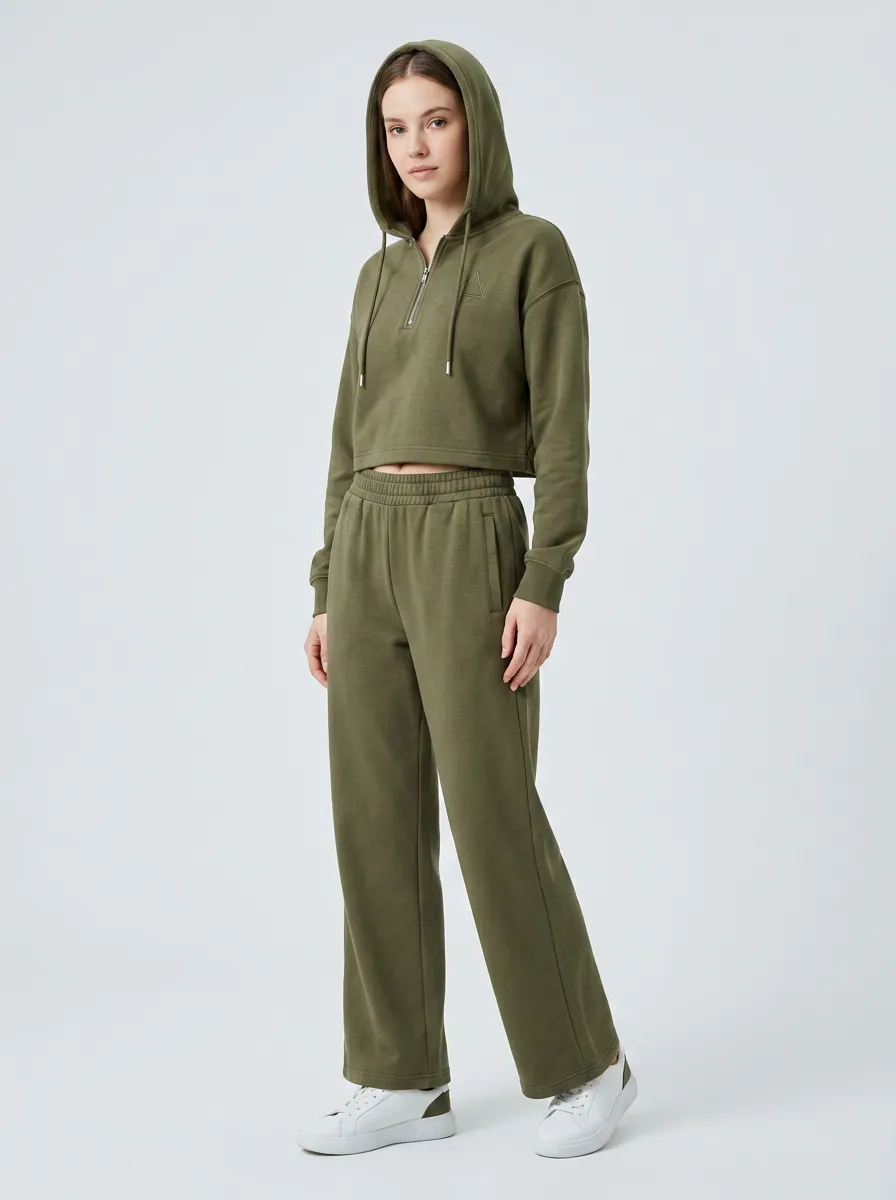 Women's Olive Green Quarter-Zip Cropped Hoodie Wide-Leg Pants Set