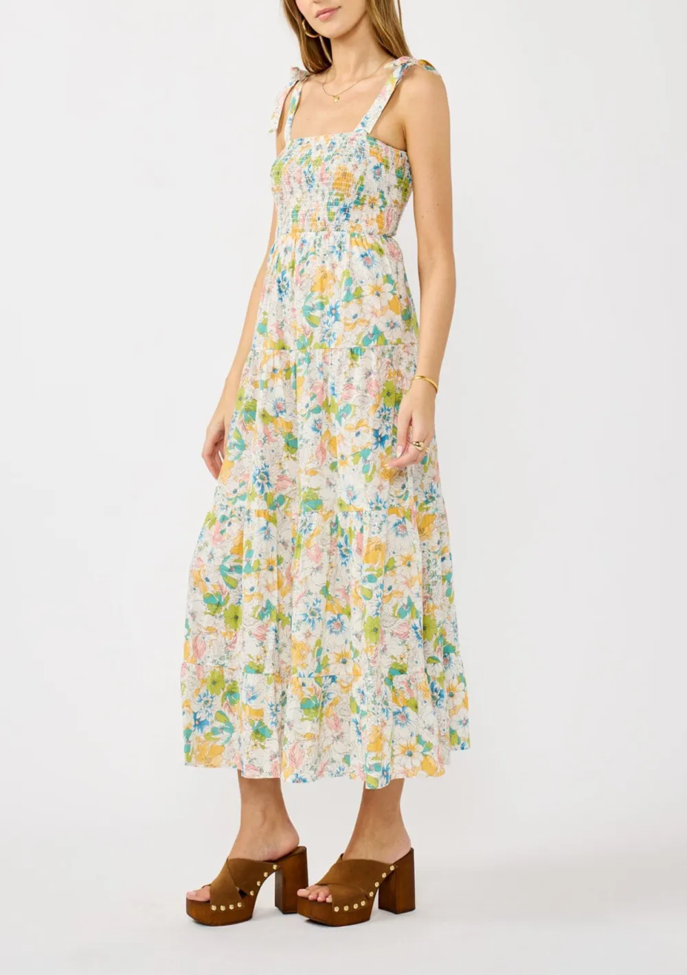 Smocked Tied Shoulder Maxi Dress