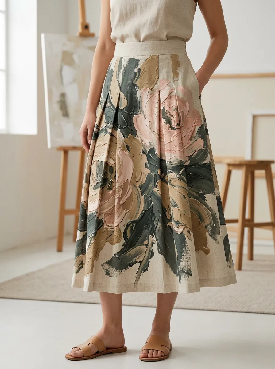 Women's Floral Art Lover Oil Painting Style Printed Midi Skirt