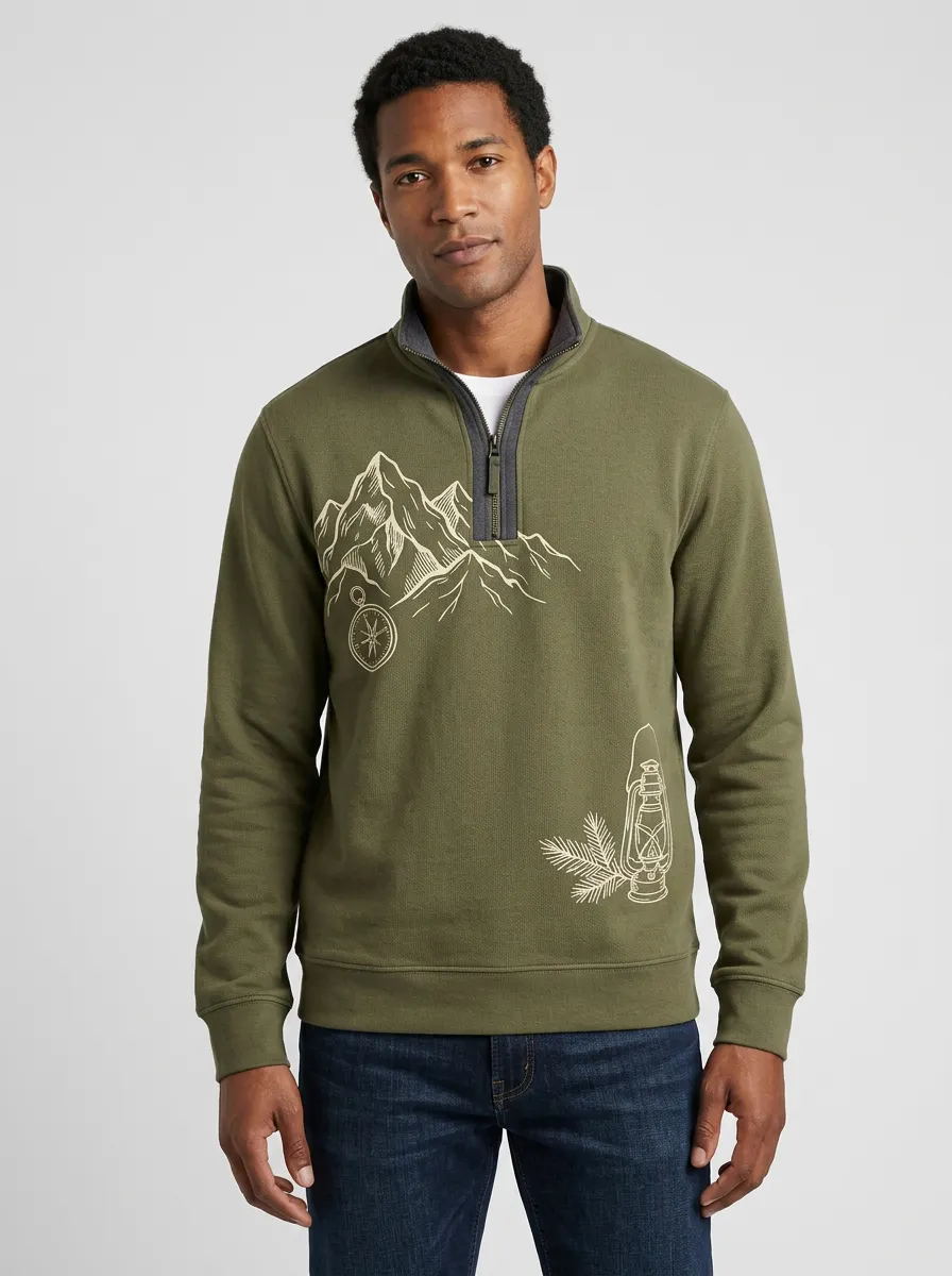Men's Outdoor Mountain Compass Lantern Graphic Zip-Neck Sweatshirt