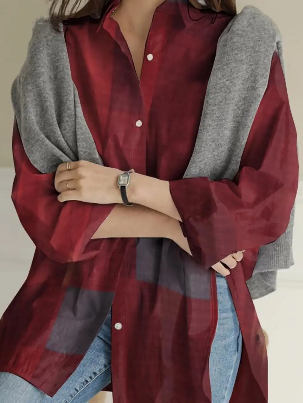 Long-Sleeved Plaid Irregular Shirt
