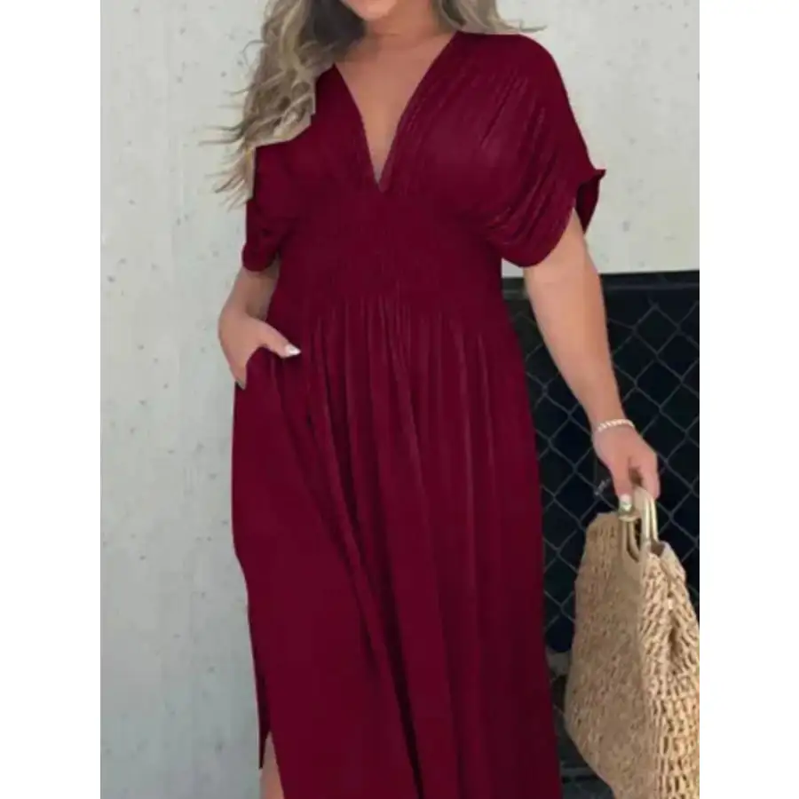 Full Size Deep V Neck Maxi Dress with Side Slit Plus Size
