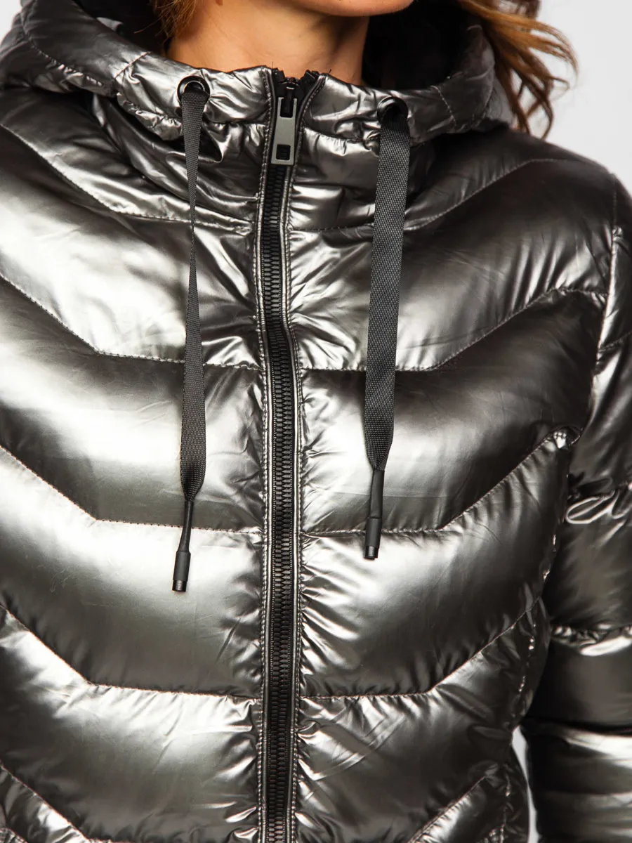 Women's Silver Long Quilted Winter Jacket With Hood