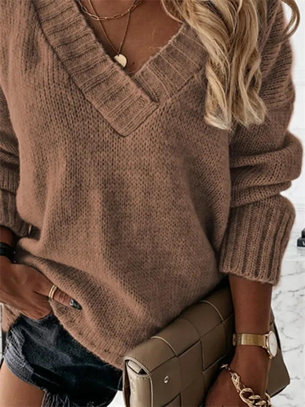 Women's Sweater Solid Color Casual Long Sleeve Loose Sweater Cardigans V Neck Fall Winter
