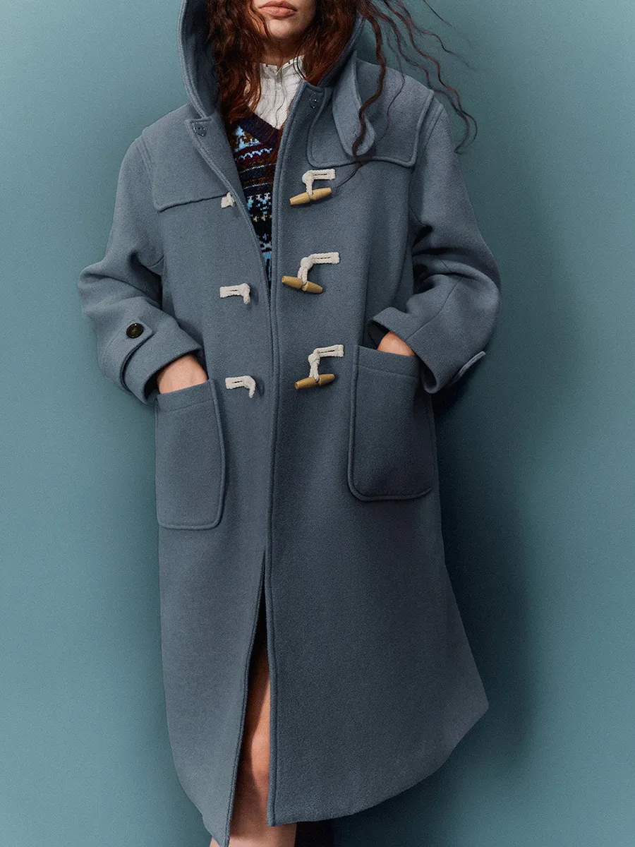 A Mid-Length Casual Blue Coat With Buttons For Women