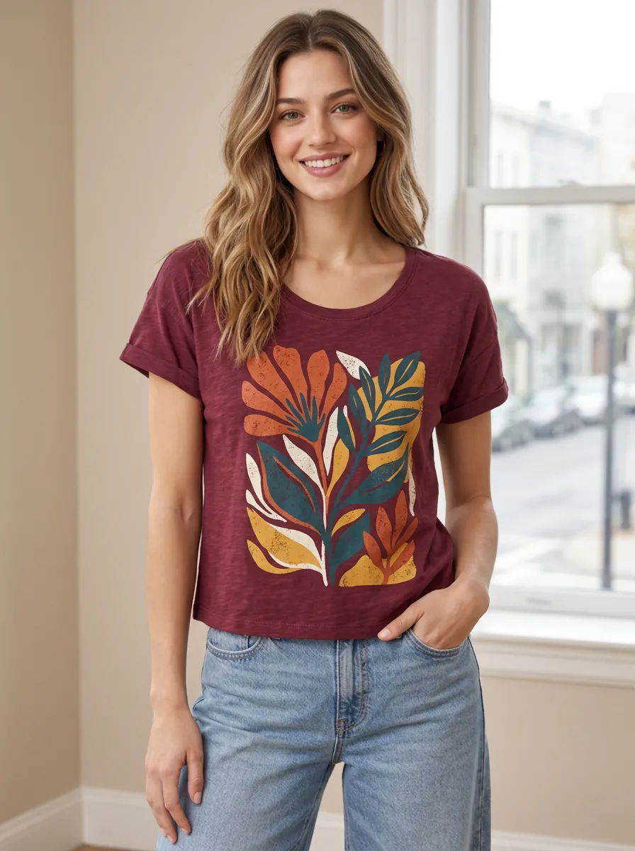 Women's Boho Floral Abstract Botanical Expressive Printed Tee