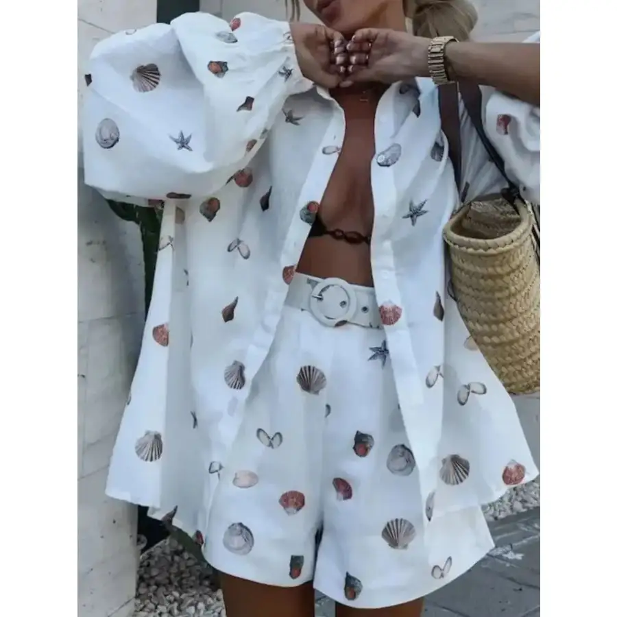 Simple Printed Button Up Shirt and Shorts Set