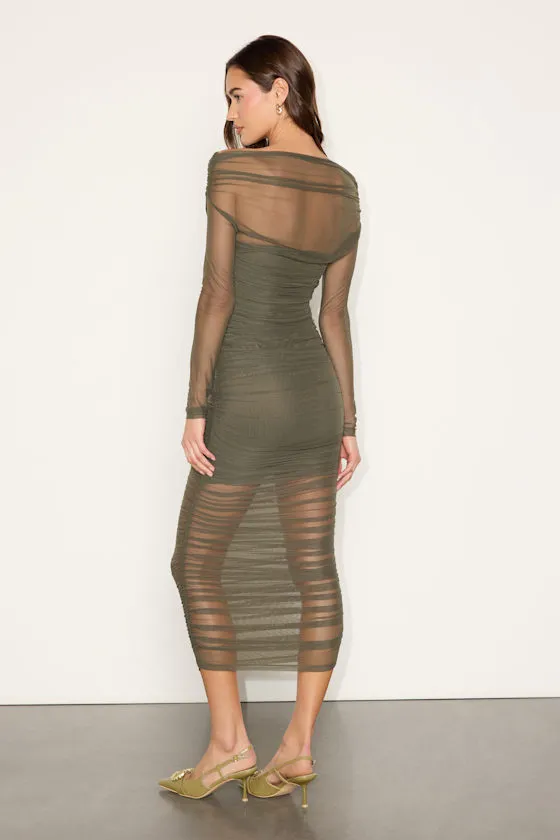 Sunama Olive Green Mesh Ruched Long Sleeve Bodycon Midi Dress