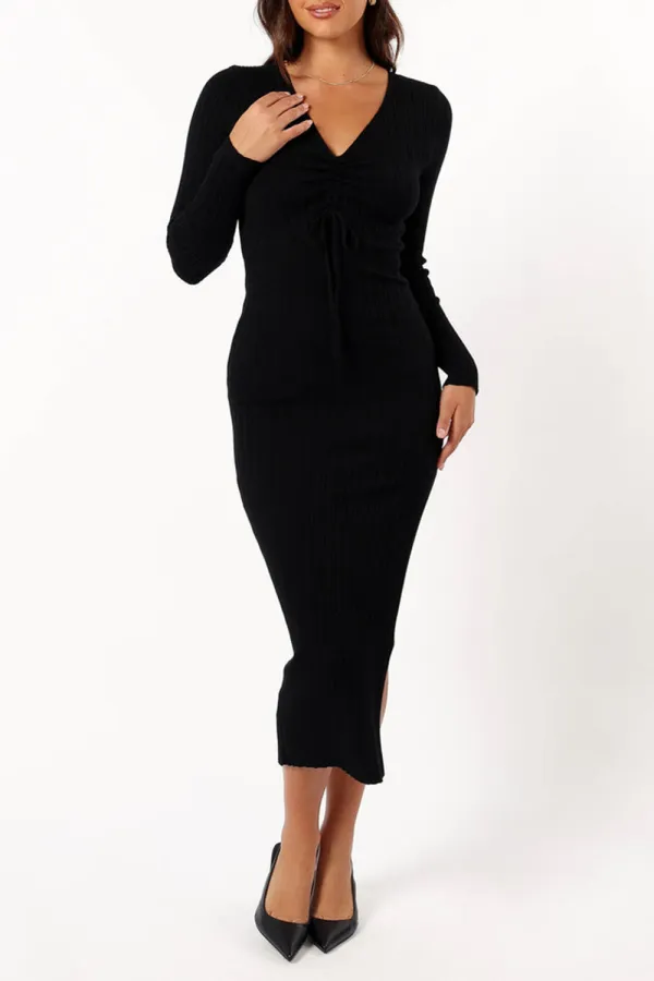 BLACK AND BROWN LONG SLEEVE MIDI DRESS