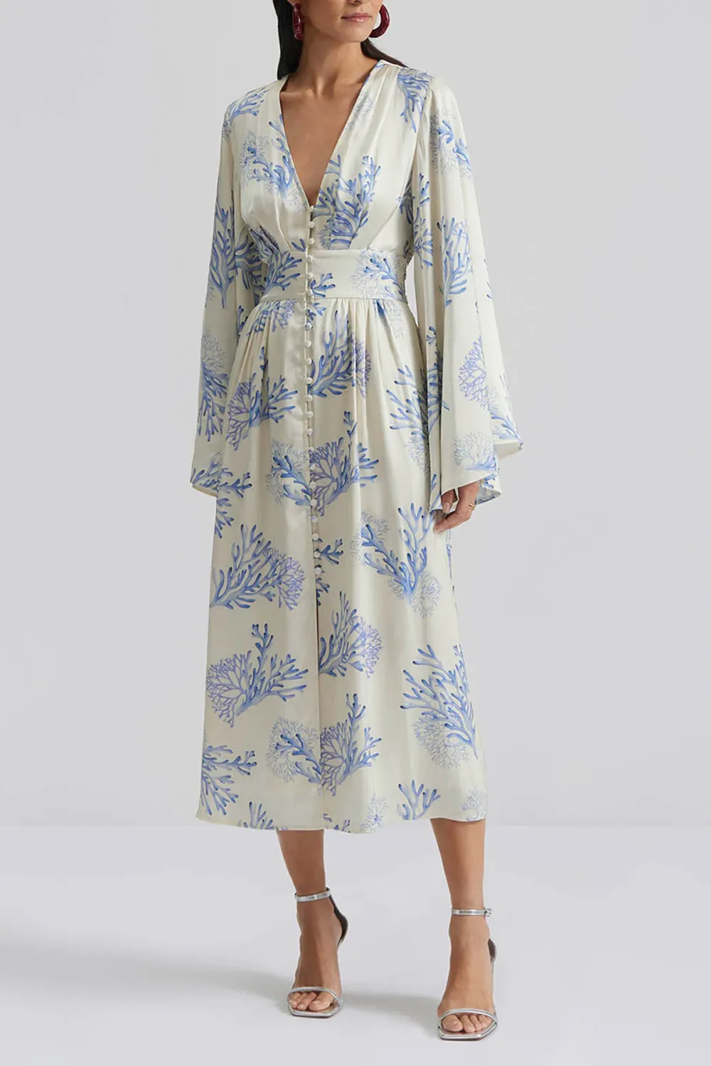 V Neck Button Front Midi Dress