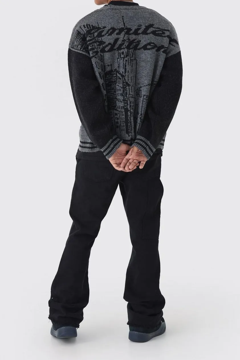 Black Relaxed Flared Carpenter Paint Splatter Pants Daily Casual Style