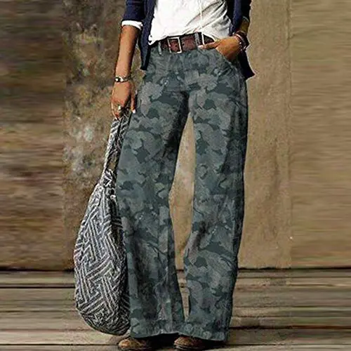 Wide Leg Denim Pants for Women, Camouflage Plaid Patchwork Print Streetwear Casual Comfort Straight Jeans Trouser