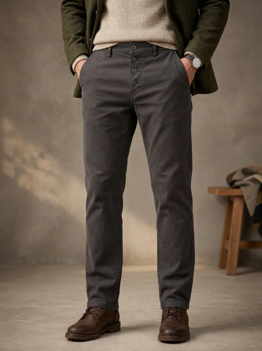 Men's Autumn Winter Button Fly Utility Chino Casual Trousers