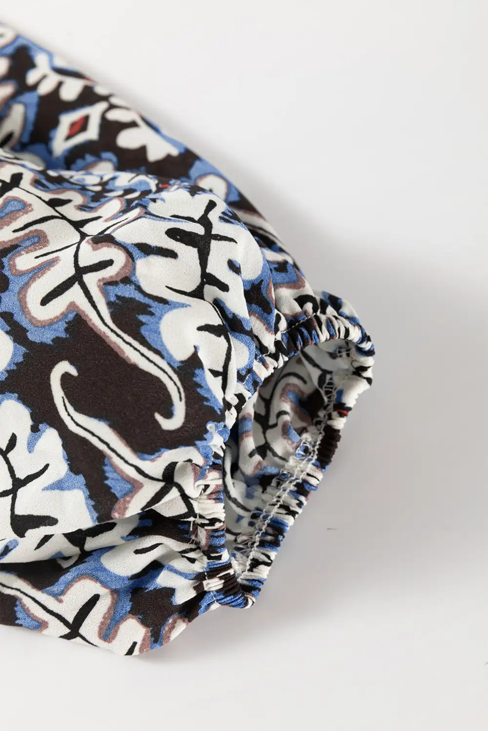 Blue Tribal Print Lace-Up Frilled Neck Puff Sleeve Blouse